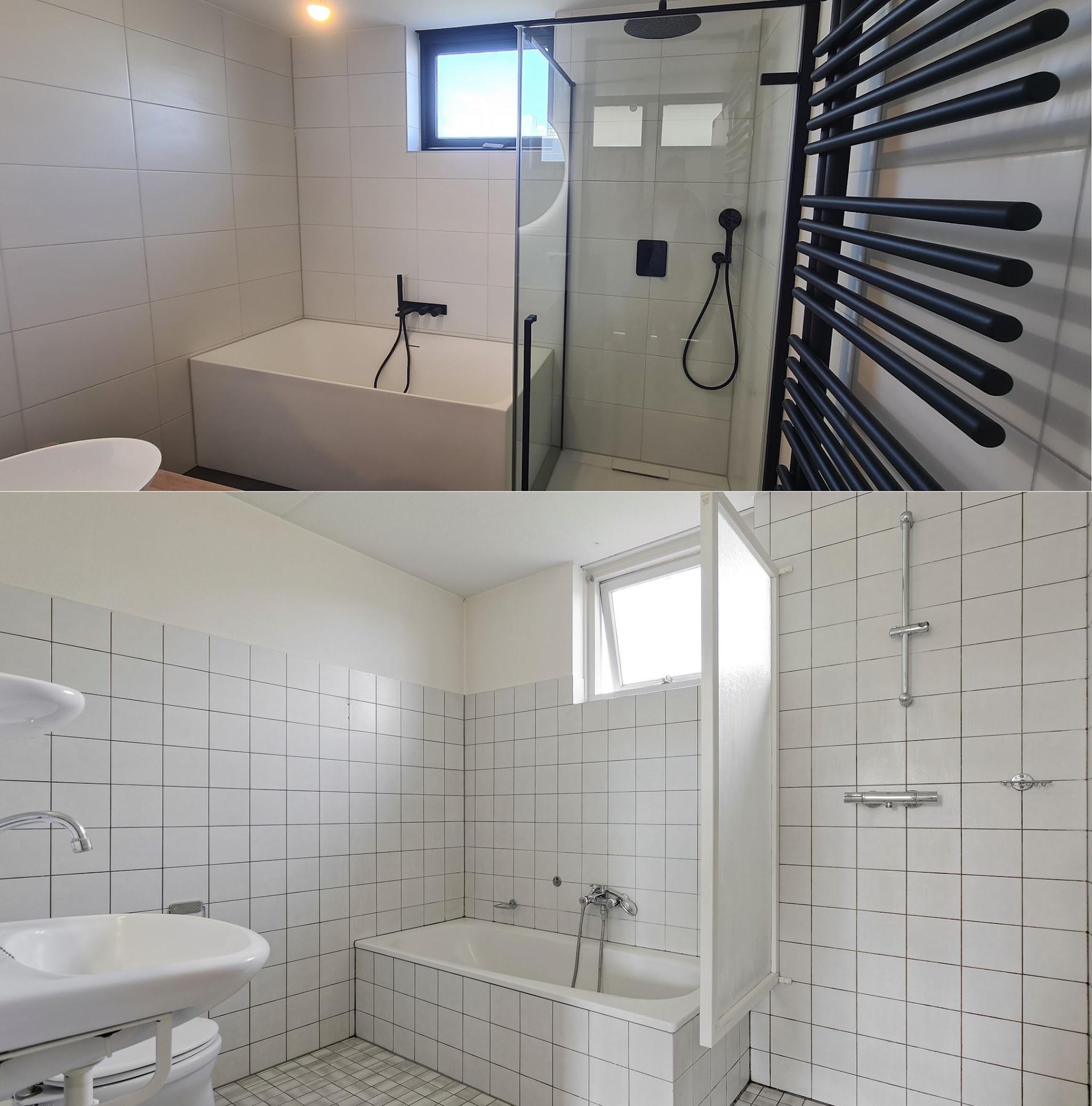 Voor en na: de oude witte badkamer en de nieuwe badkamer met inloopdouche en bad